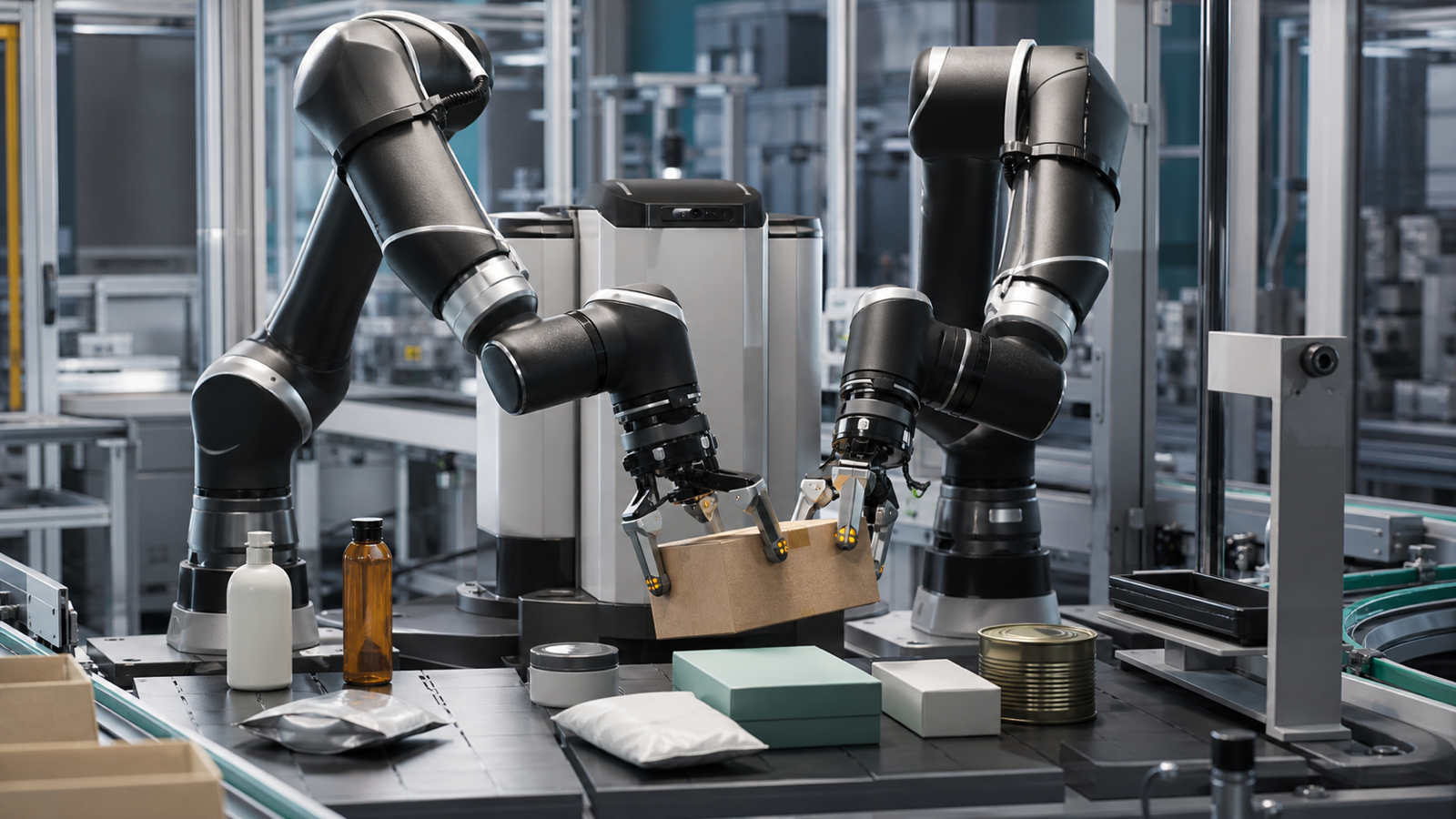 Illustration éditoriale d’une cellule robotisée à deux bras manipulant des emballages variés