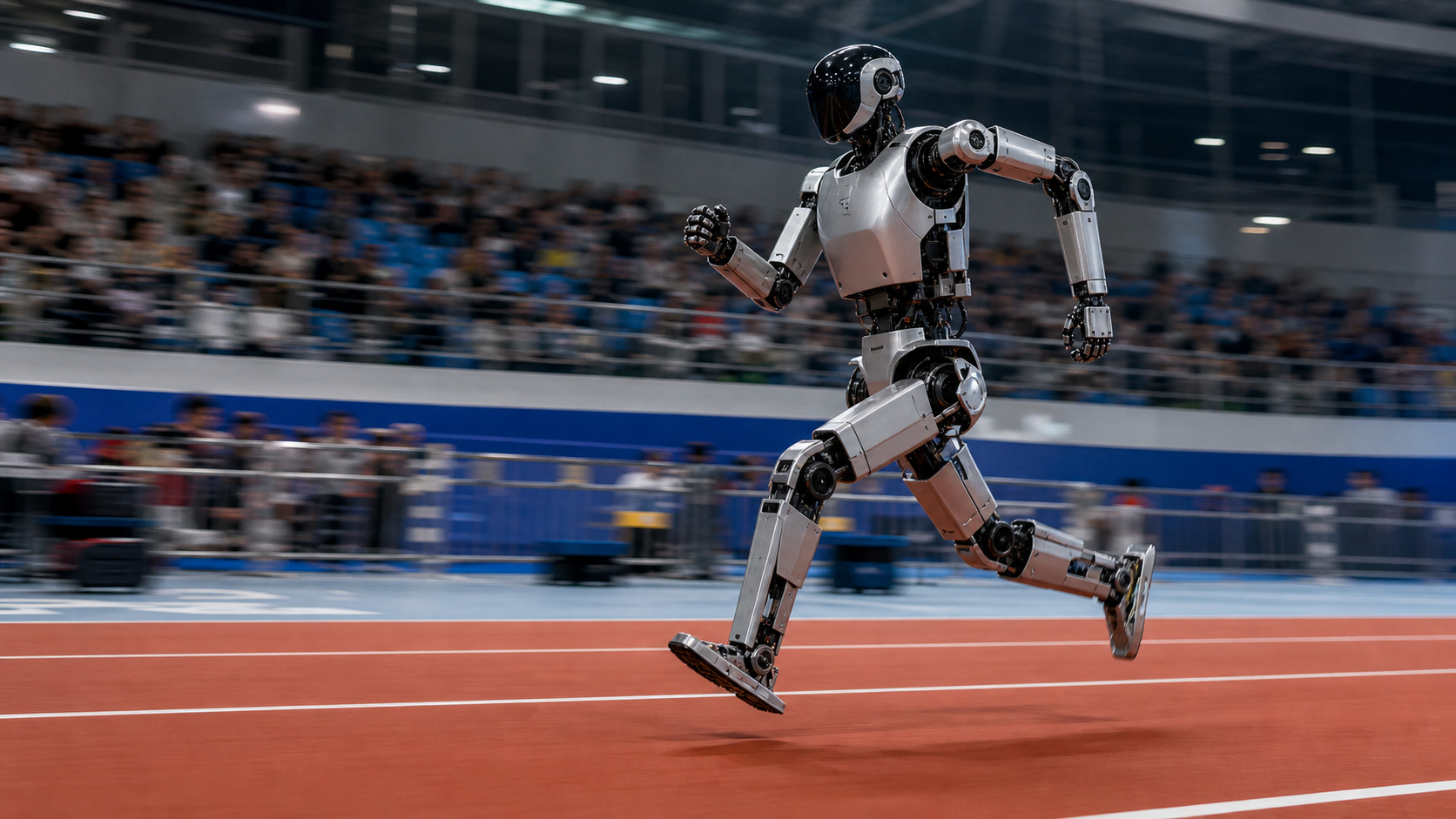 Illustration originale d’un robot humanoïde courant sur une piste en salle
