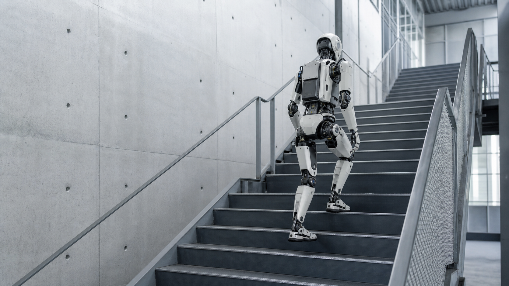 Illustration originale d’un robot humanoïde montant un escalier industriel