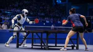 L’humanoïde AGIBOT A3 échange des balles avec la championne Ding Ning