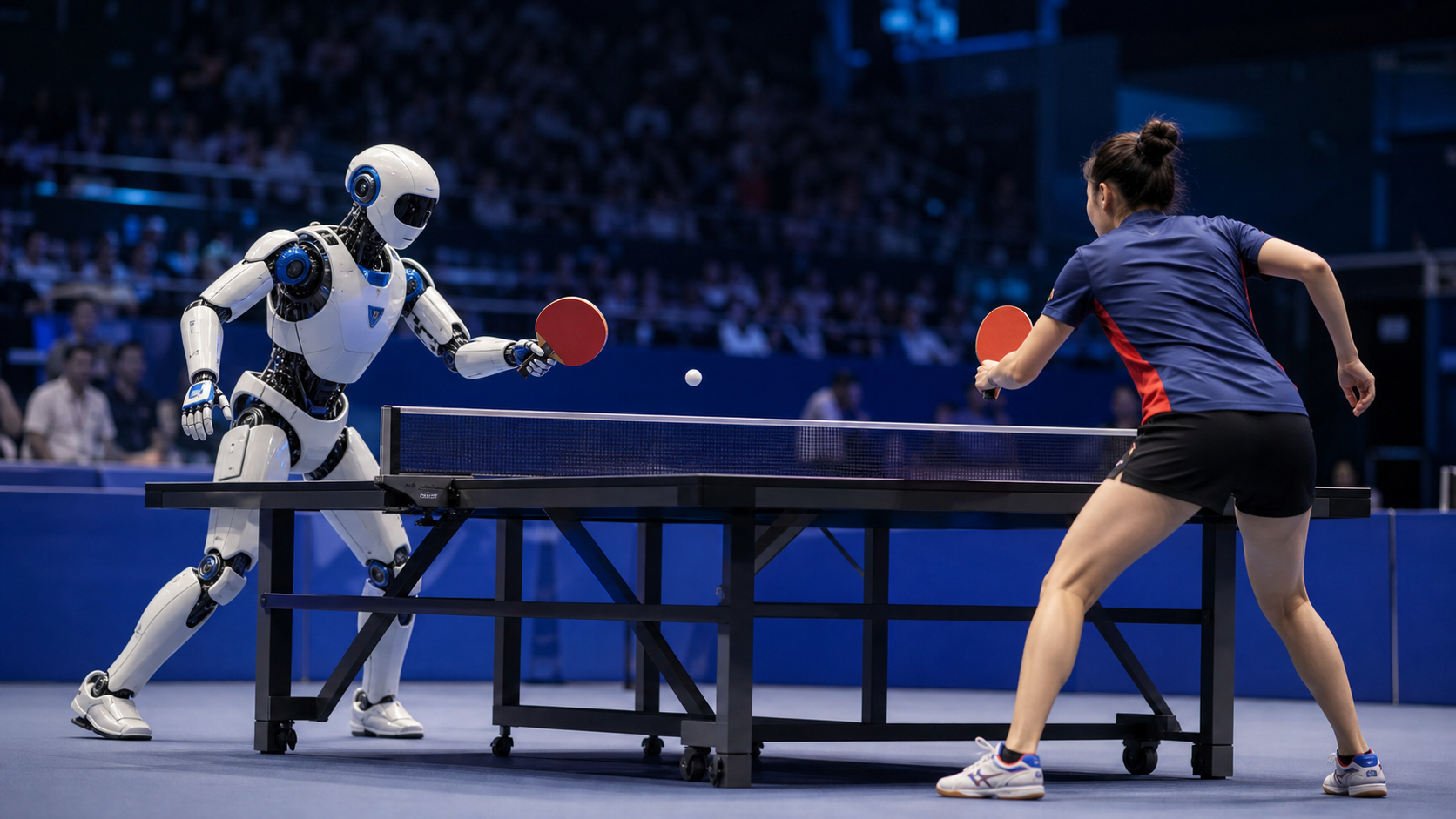 Illustration d’un robot humanoïde jouant au tennis de table face à une sportive