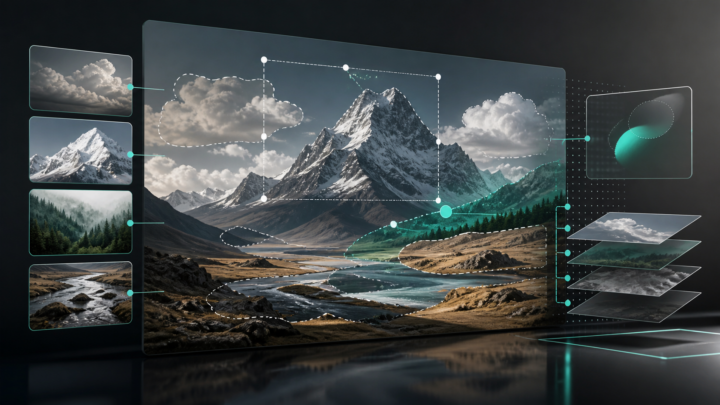 Illustration editoriale d'une interface abstraite d'edition d'image par zones