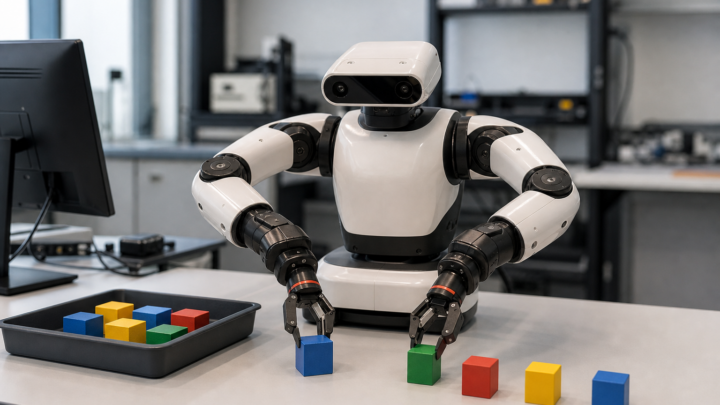 Illustration d’un manipulateur robotique à deux bras triant des cubes dans un laboratoire
