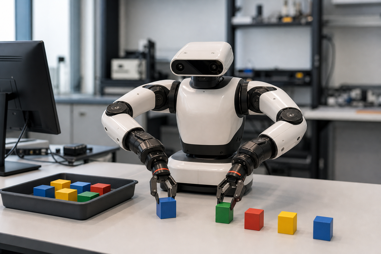 Illustration d’un manipulateur robotique à deux bras triant des cubes dans un laboratoire