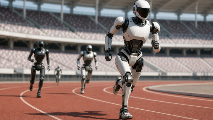 Illustration de robots humanoïdes courant sur une piste d’athlétisme