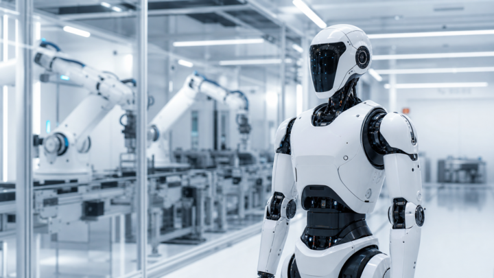 Illustration d’un robot humanoïde dans une usine robotisée moderne