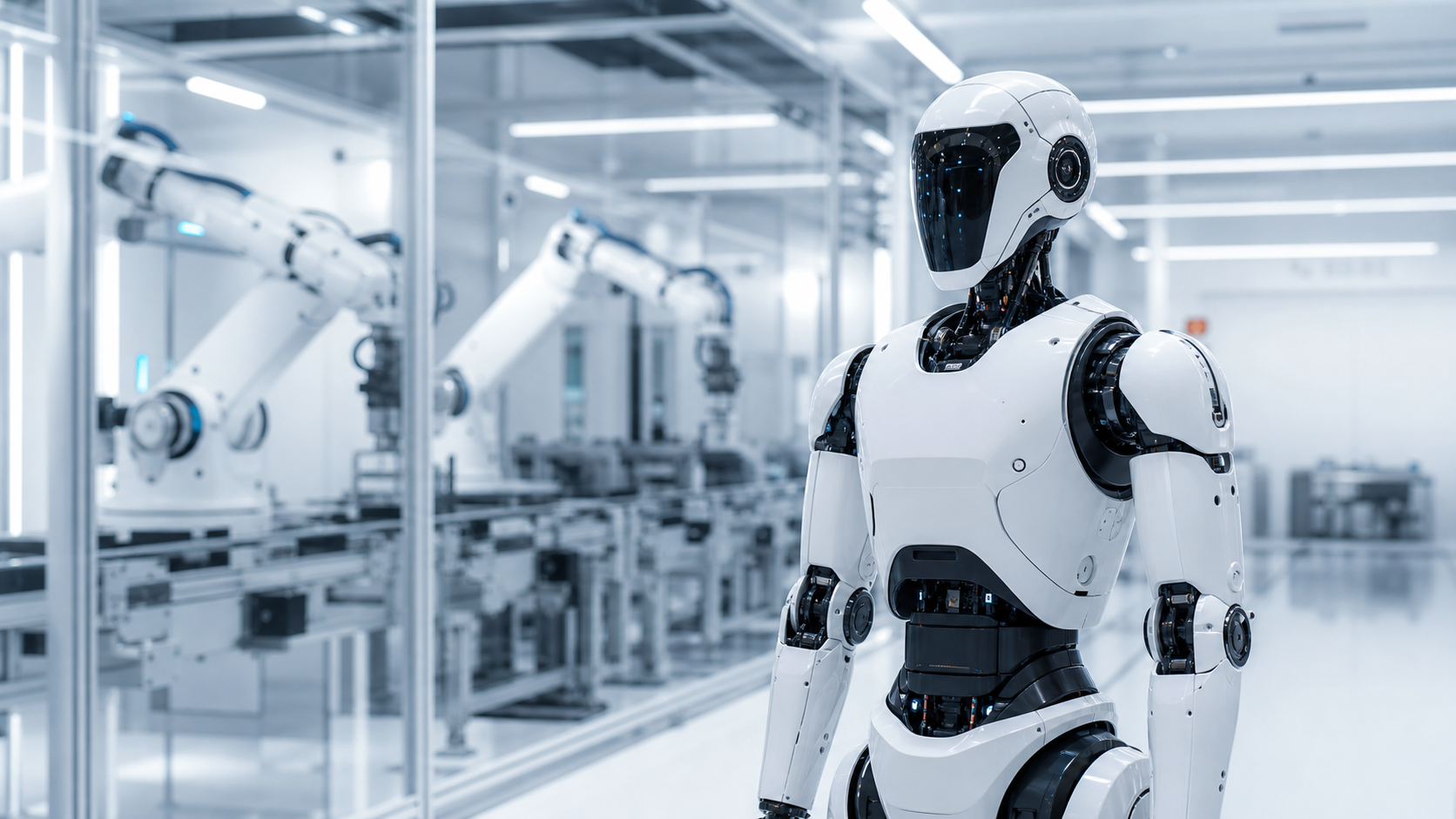 Illustration d’un robot humanoïde dans une usine robotisée moderne