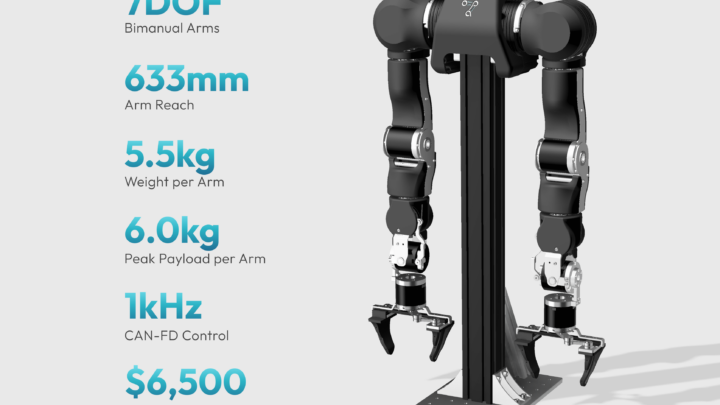 Robot bimanuel OpenArm à deux bras articulés sur une colonne