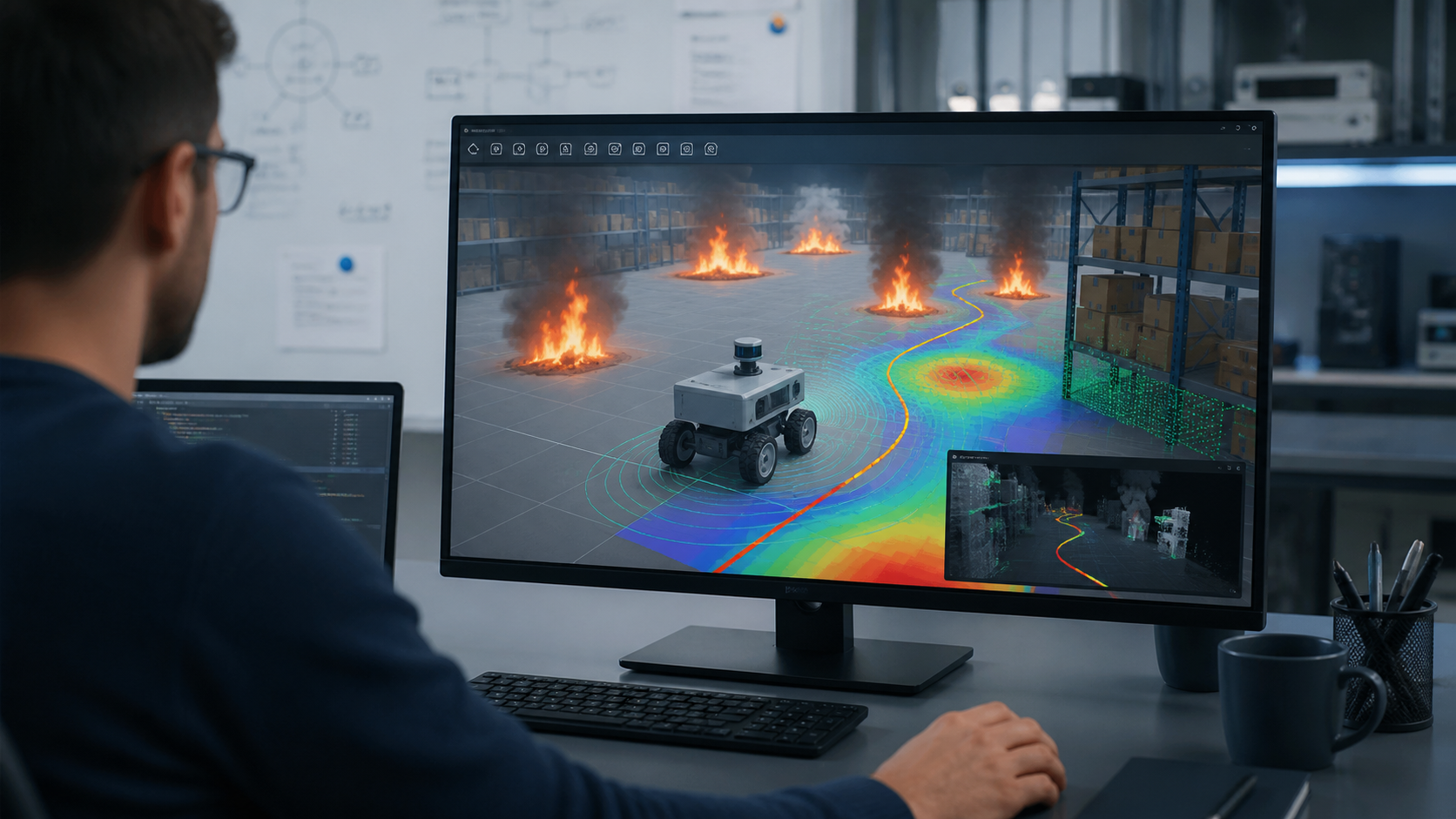 Simulation robotique d'un robot mobile naviguant pres de flammes dans un entrepot virtuel