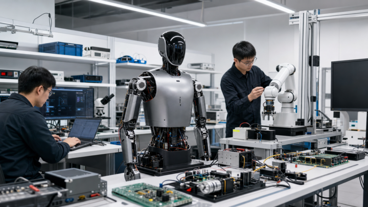 Ingénieurs testant un humanoïde et un bras robotique dans un laboratoire d’électronique