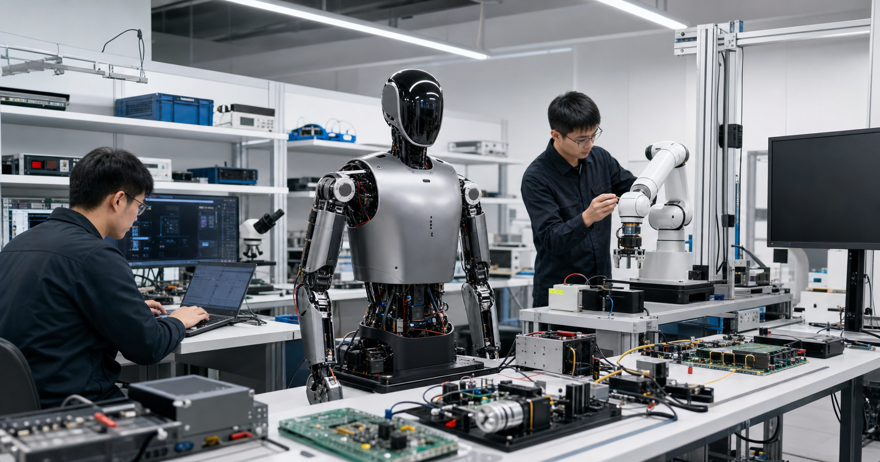 Ingénieurs testant un humanoïde et un bras robotique dans un laboratoire d’électronique