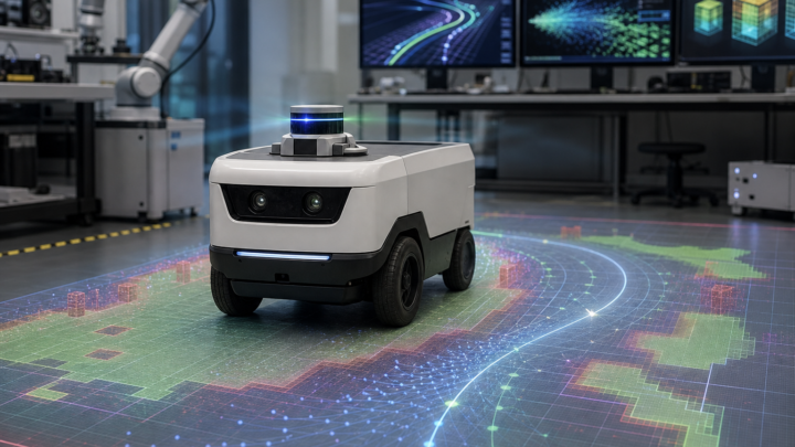 Robot mobile dans un laboratoire avec visualisation de trajectoires ROS et calcul GPU