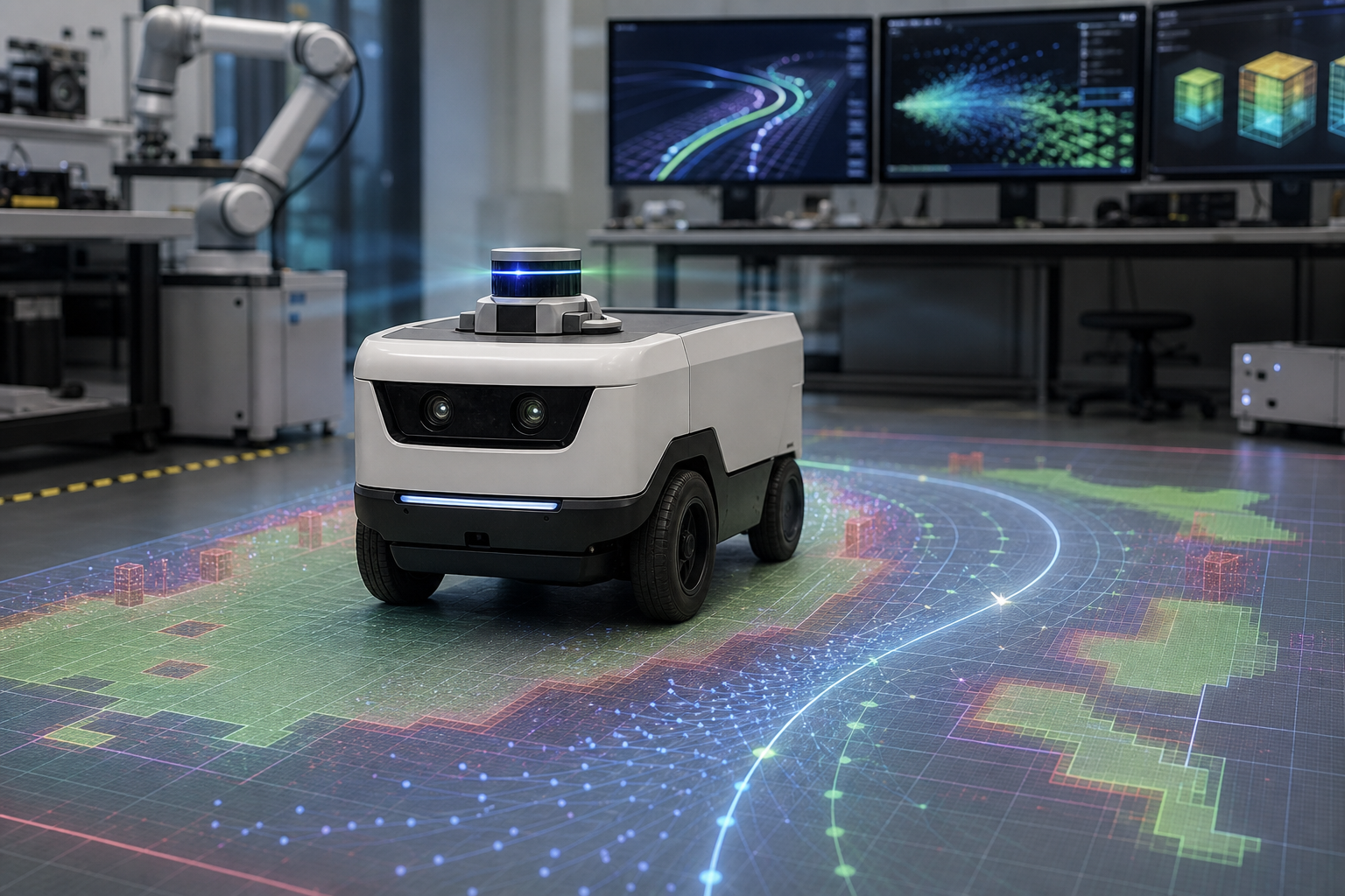Robot mobile dans un laboratoire avec visualisation de trajectoires ROS et calcul GPU