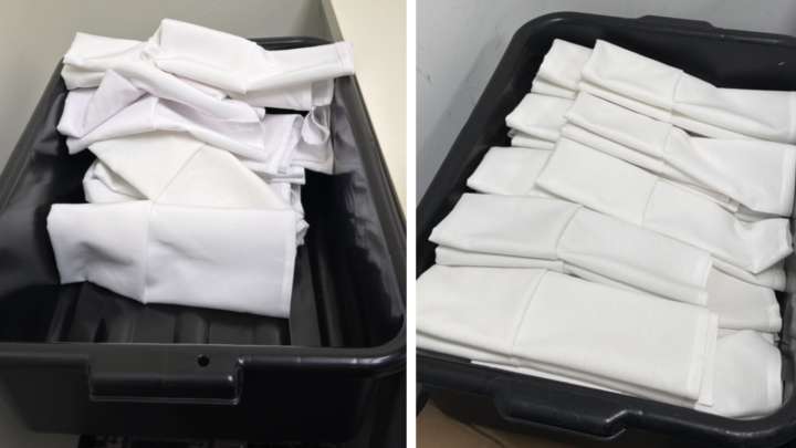 Comparaison des bacs de serviettes pliées avant et après l’amélioration du robot Dyna-2 chez Din Tai Fung