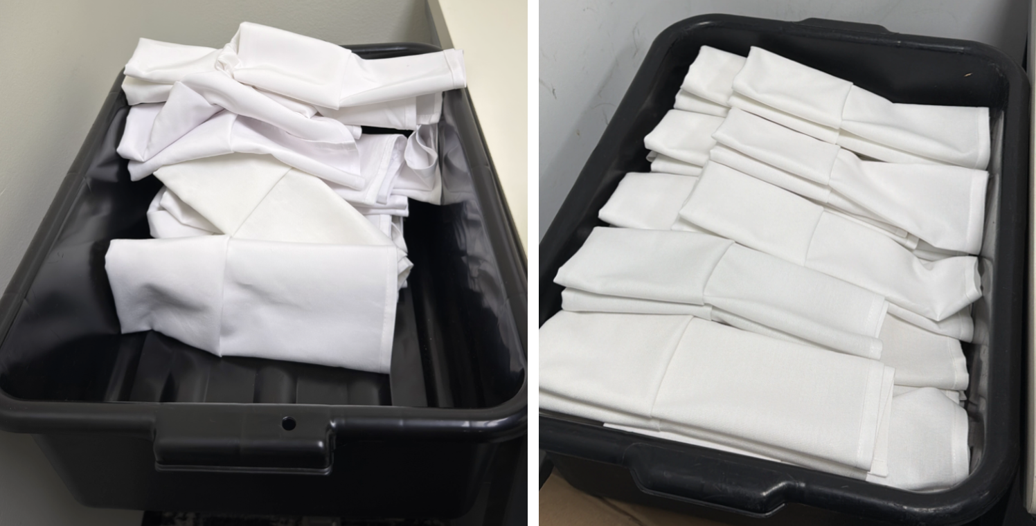 Comparaison des bacs de serviettes pliées avant et après l’amélioration du robot Dyna-2 chez Din Tai Fung