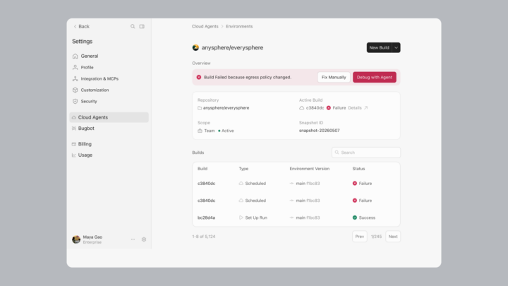 Interface officielle de Cursor montrant la configuration et le suivi d’agents de code dans le cloud