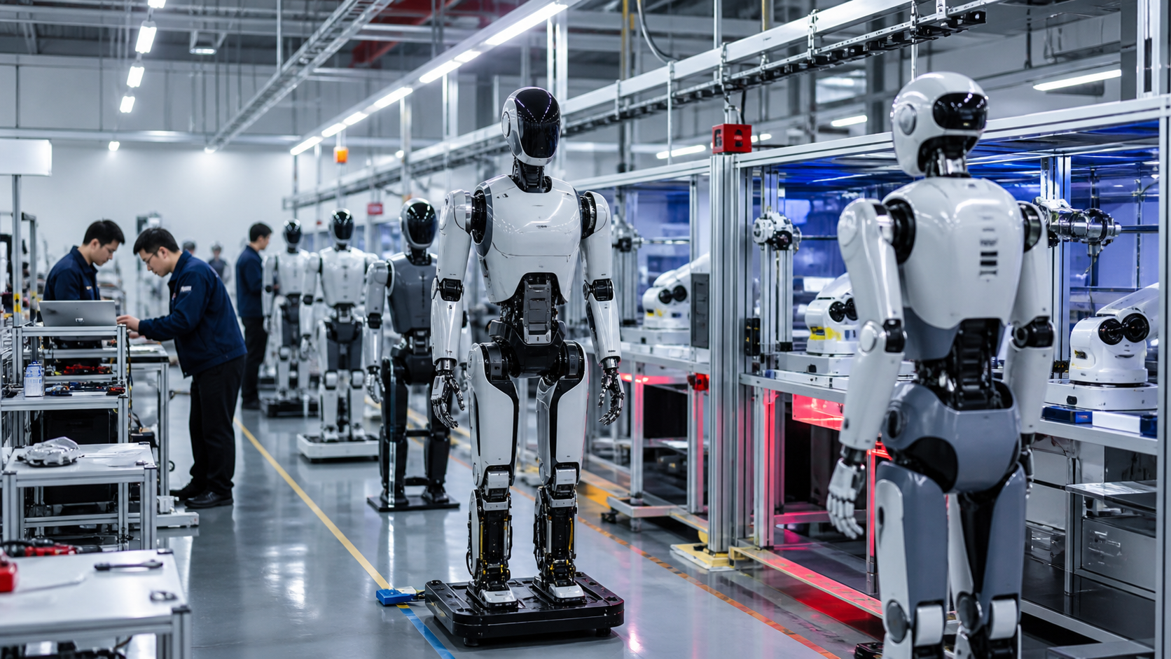 Illustration d’une ligne d’assemblage de robots humanoïdes en Corée du Sud