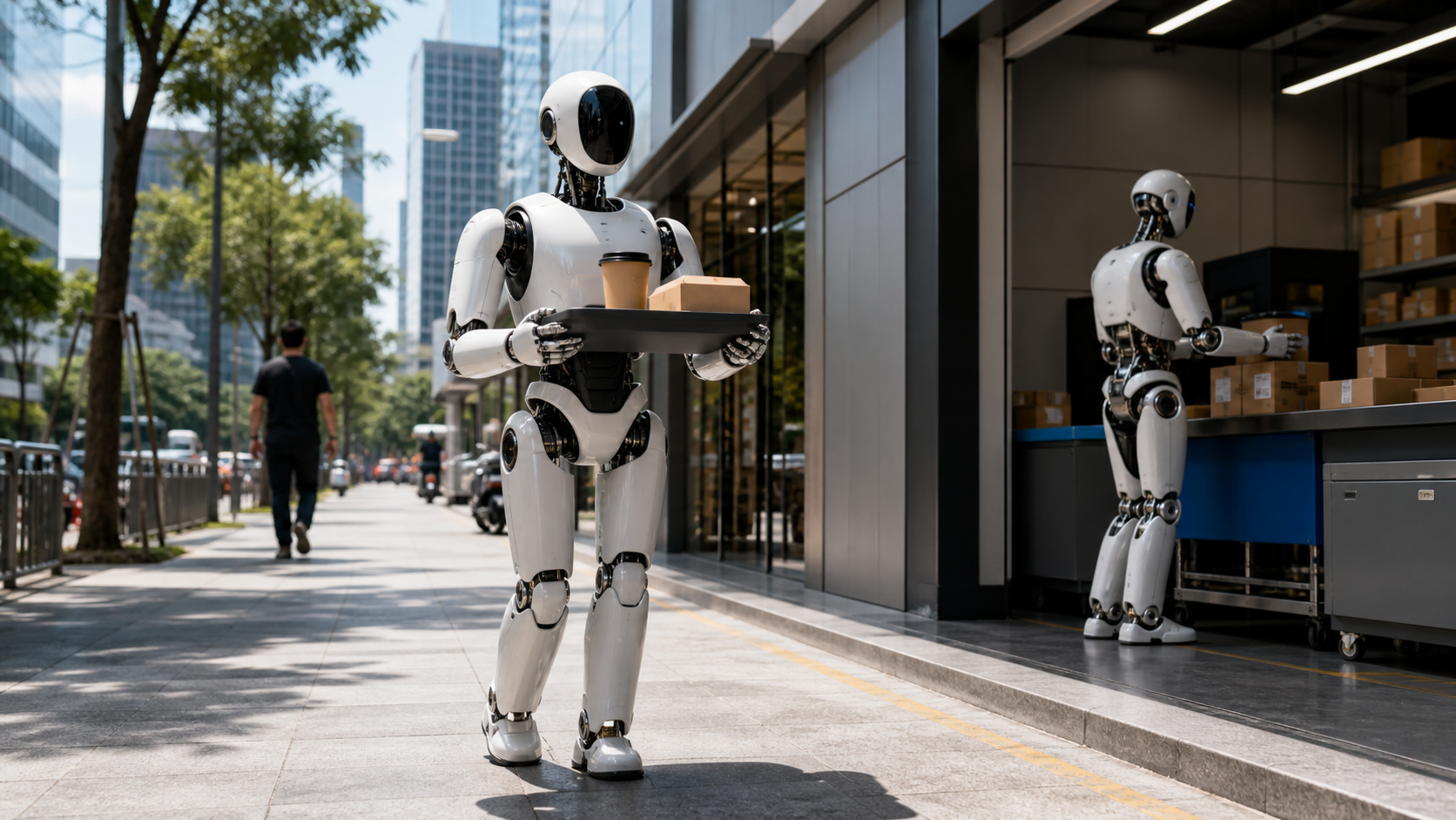Illustration de robots humanoïdes dans une rue moderne avec un espace logistique
