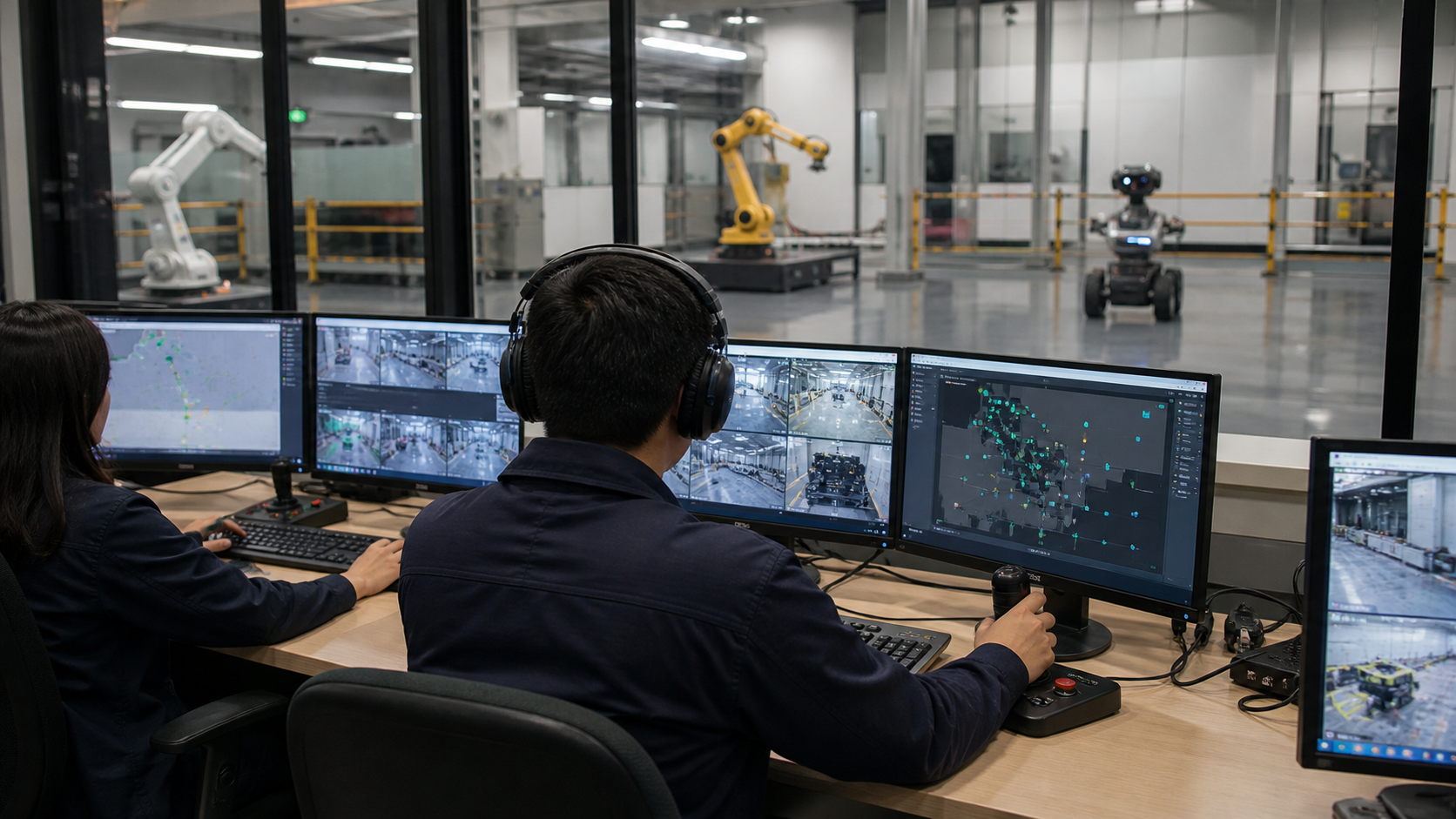 Poste de téléopération supervisant plusieurs robots industriels dans un laboratoire