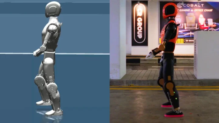 Robot humanoïde Asimov 1 à côté de sa version simulée pendant un test de locomotion