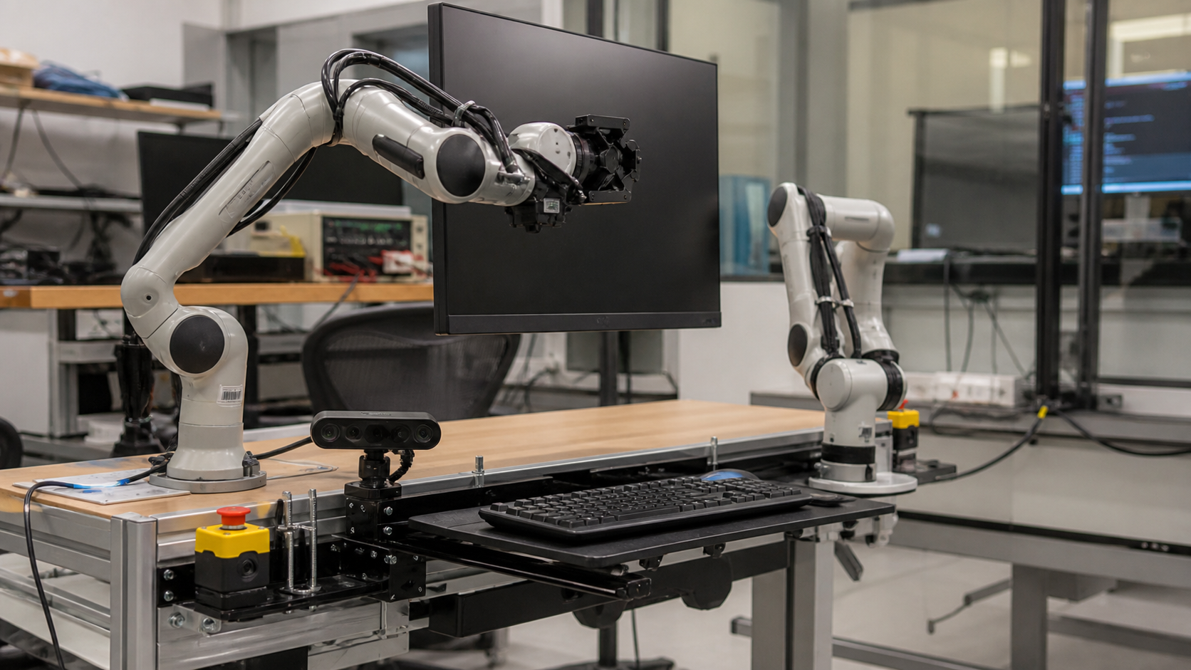 Deux bras robotiques ajustant un écran et un clavier dans un laboratoire
