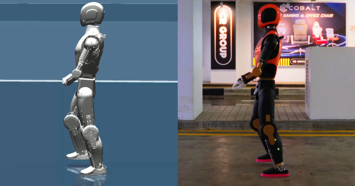 Robot humanoïde Asimov 1 à côté de sa version simulée pendant un test de locomotion