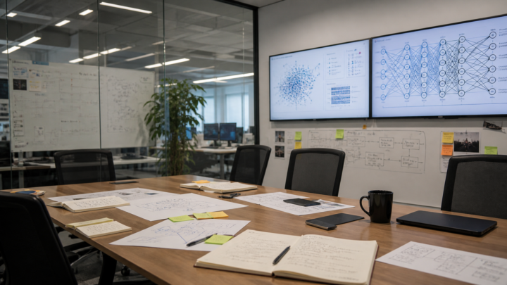 Salle de réunion de recherche en intelligence artificielle avec schémas de modèles
