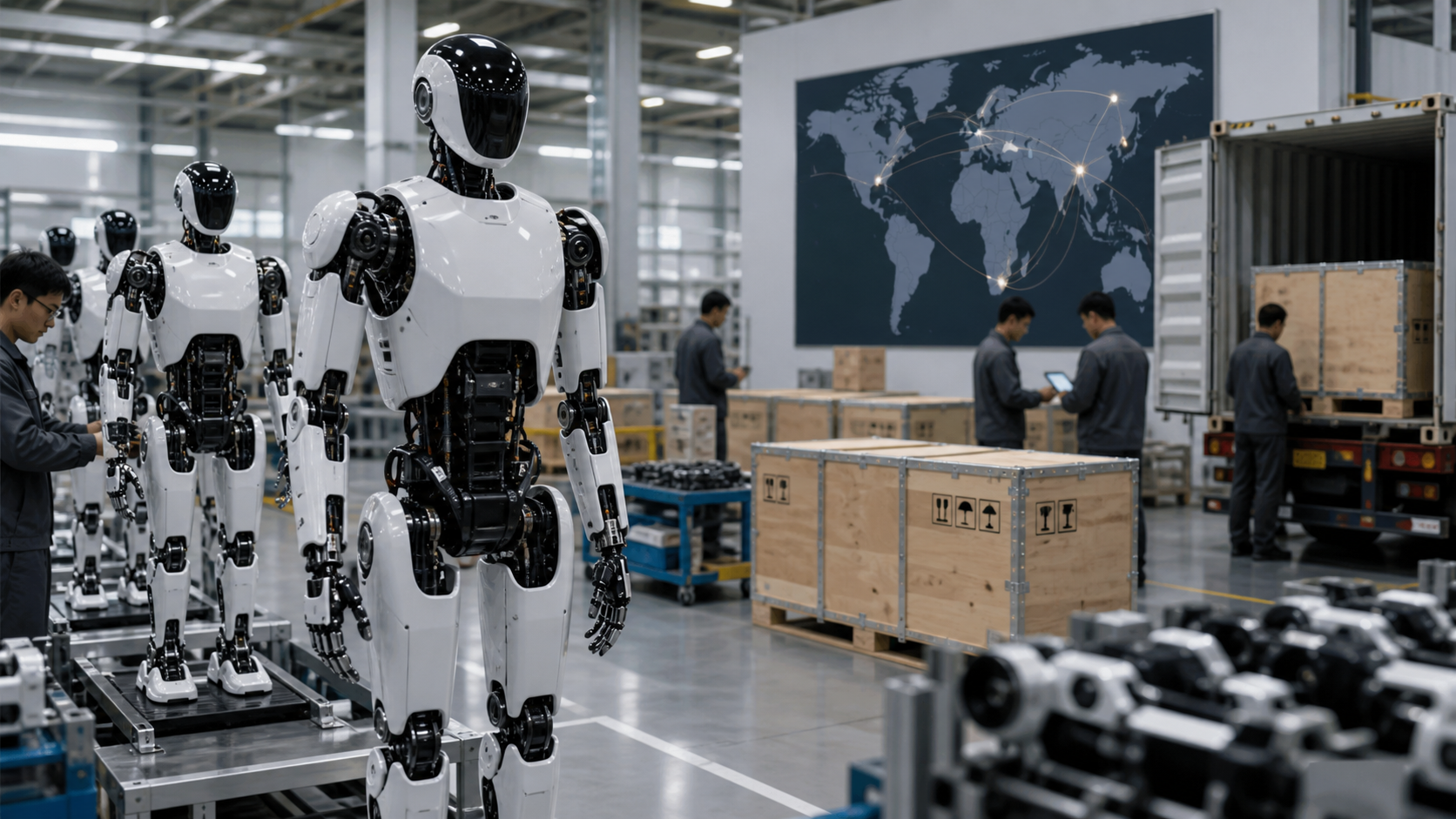 Robots humanoïdes génériques alignés dans une usine de production et d’expédition