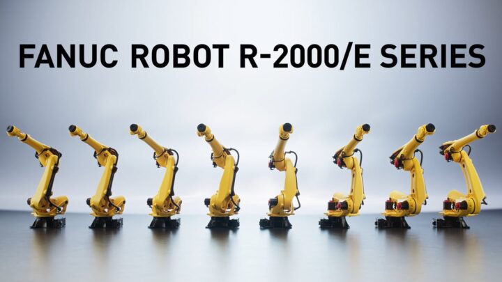 Les huit robots industriels FANUC R-2000/E alignés sur fond clair