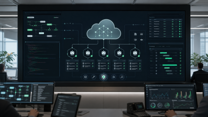 Salle d’opérations montrant une plateforme cloud orchestrant plusieurs agents IA d’entreprise