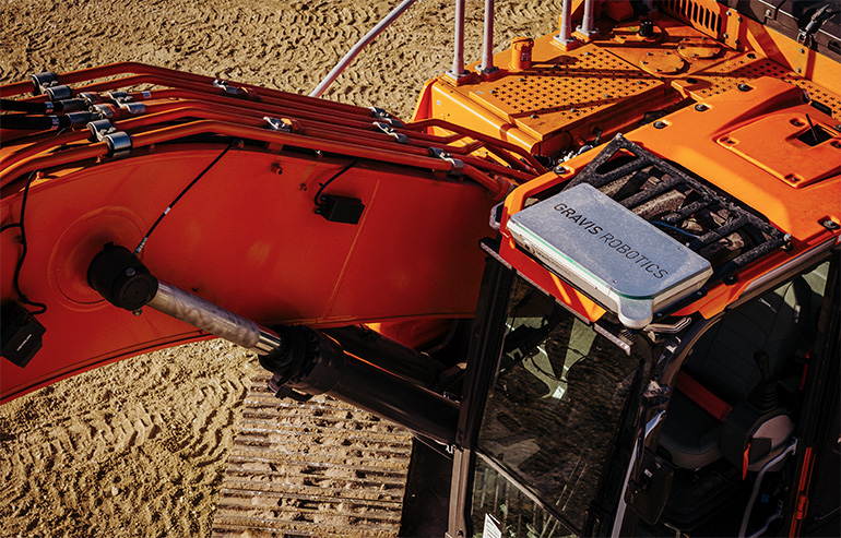 Le kit Gravis Rack monté sur un engin de chantier autonome