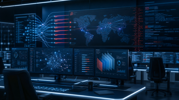 Salle d’opérations cybersécurité affichant des graphes réseau et des couches de contrôle IA