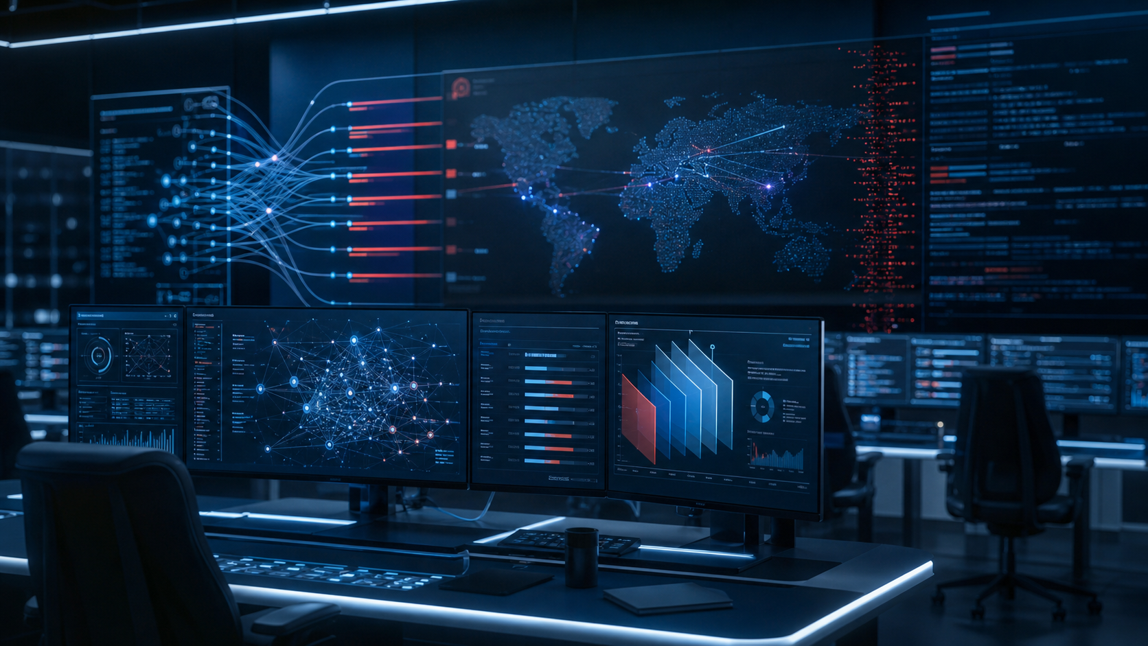 Salle d’opérations cybersécurité affichant des graphes réseau et des couches de contrôle IA