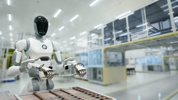 Robot AlphaBot d’AI² Robotics tenant une carte électronique dans un environnement industriel