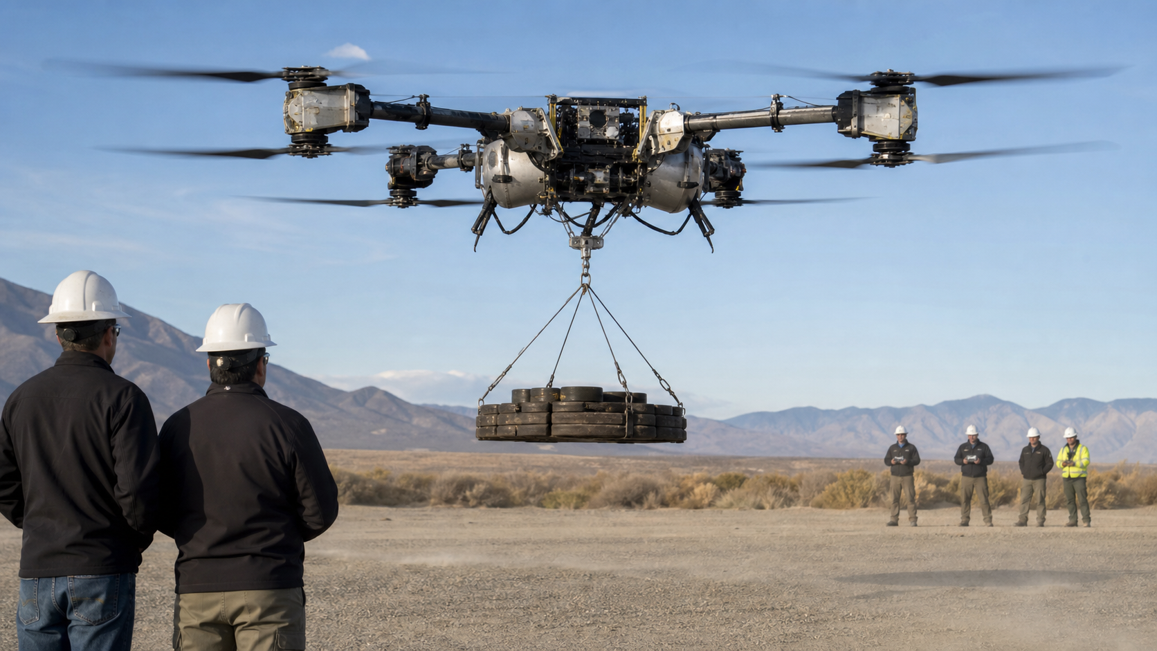 Drone lourd expérimental transportant des plaques de charge pendant un essai en terrain ouvert