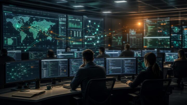 Centre opérationnel de cybersécurité où des agents IA assistent des analystes