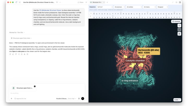 Structure moléculaire annotée dans l’interface Rosalind Workbench d’OpenAI
