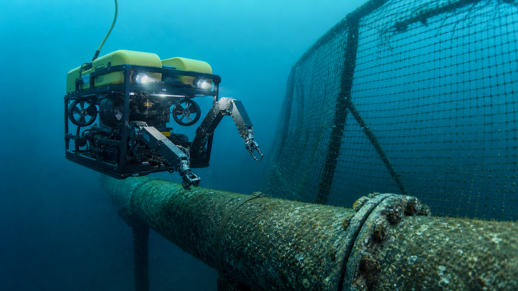 Robot sous-marin inspectant une conduite et une structure de filet en mer