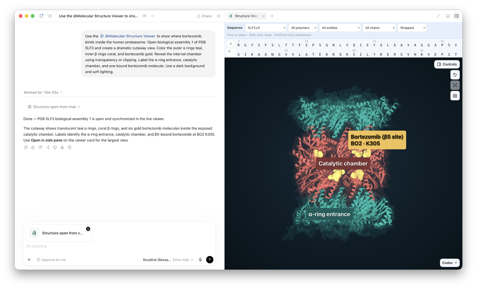 Structure moléculaire annotée dans l’interface Rosalind Workbench d’OpenAI