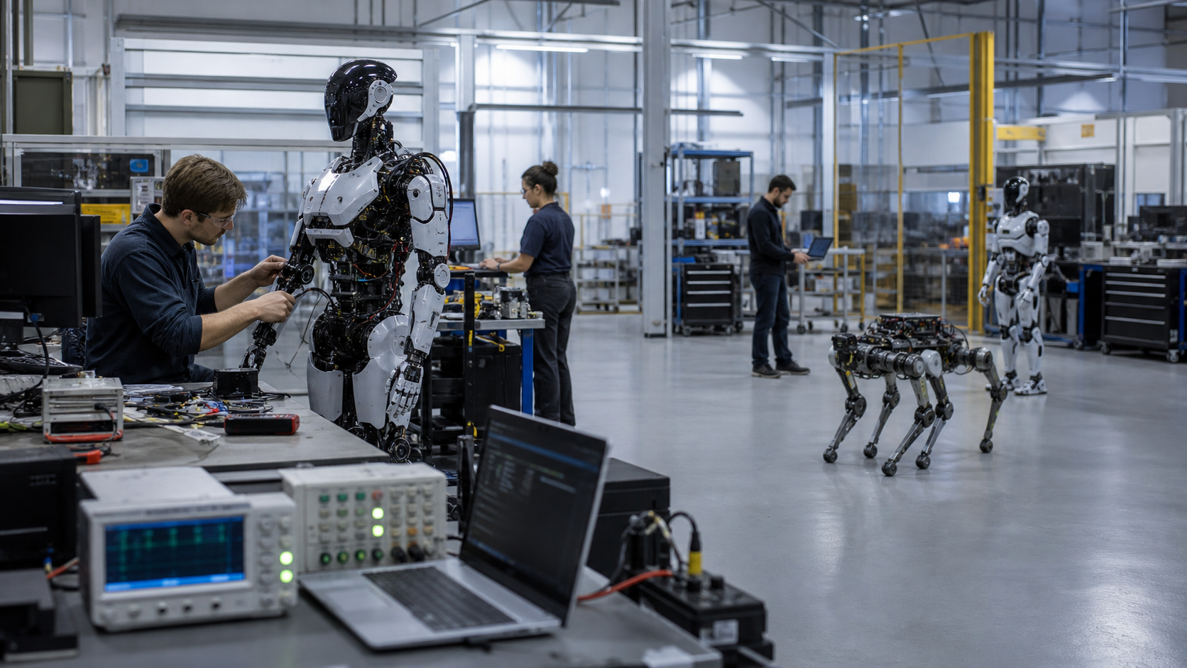Techniciens testant des robots humanoïdes et quadrupèdes dans un laboratoire d’intégration