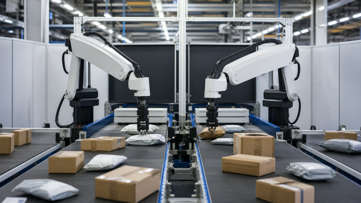 Deux bras robotisés trient des colis sur une ligne logistique