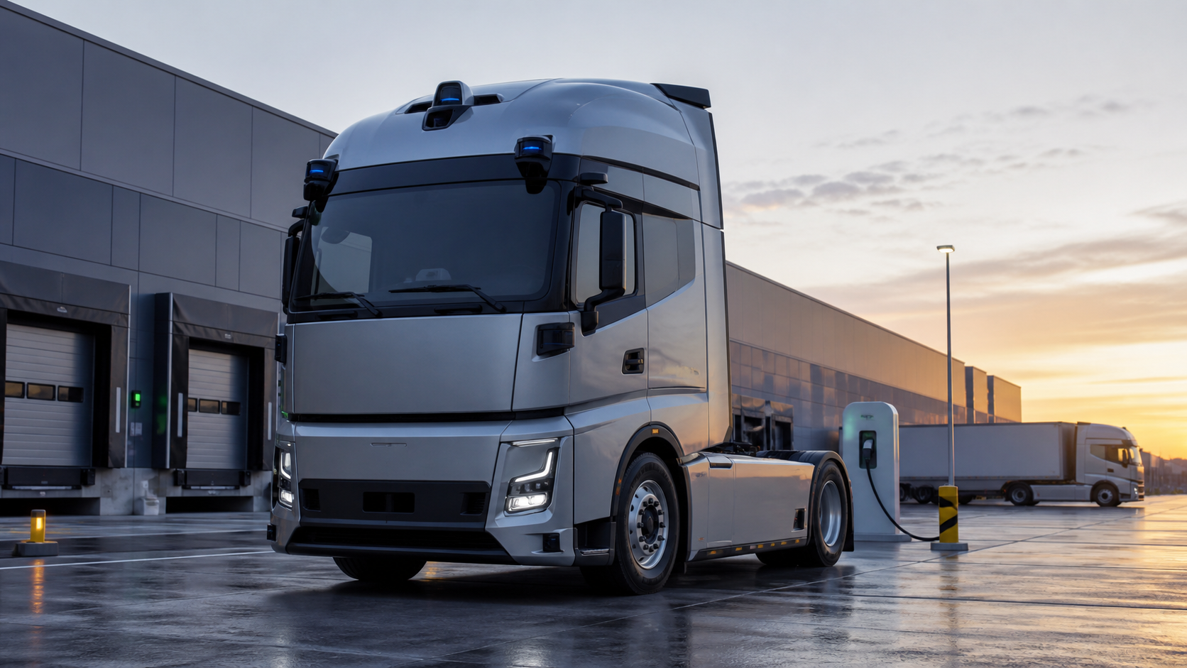 Camion électrique autonome dans une cour logistique au lever du jour