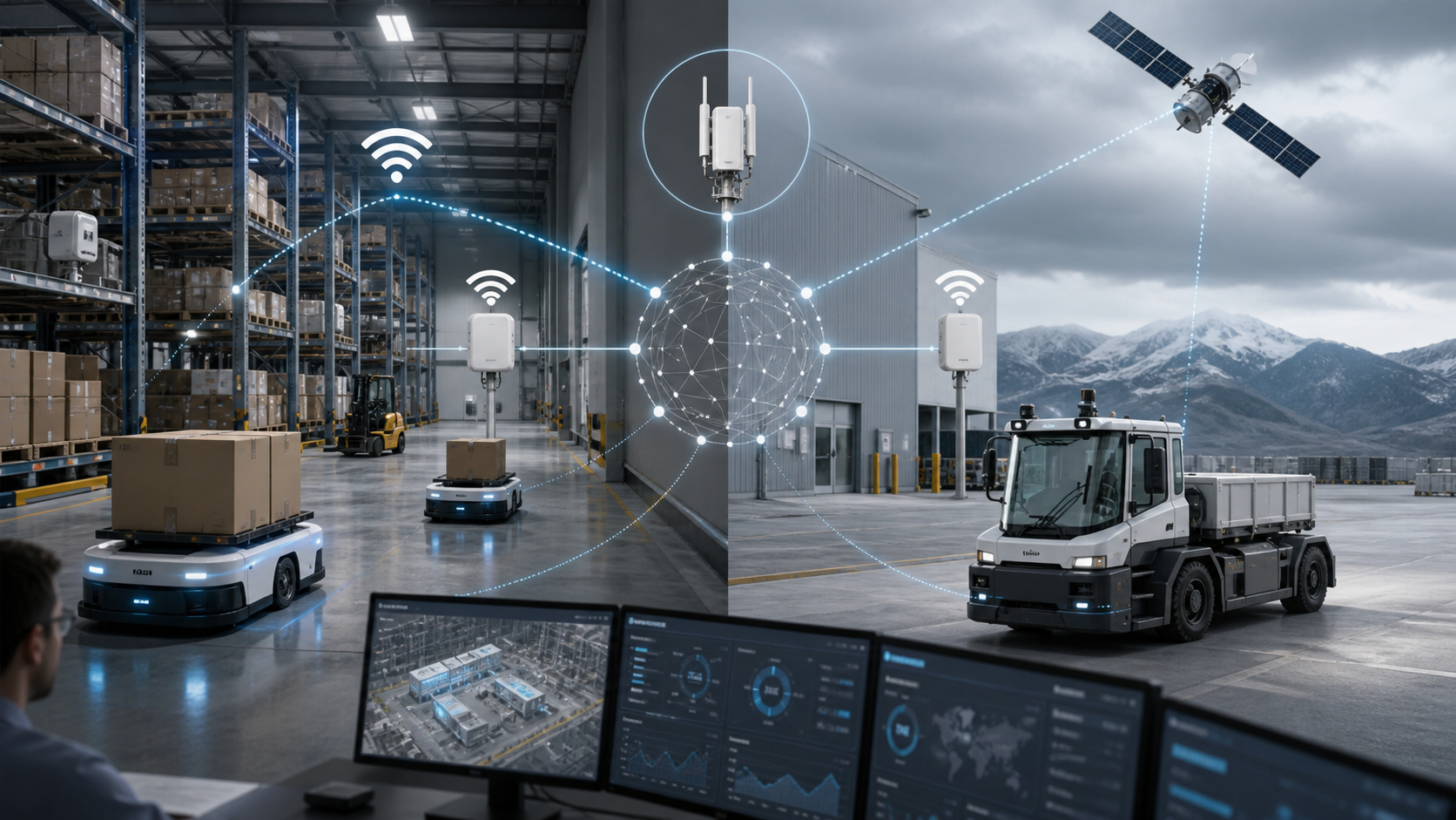 Robots mobiles connectés par plusieurs réseaux dans un entrepôt et une cour industrielle