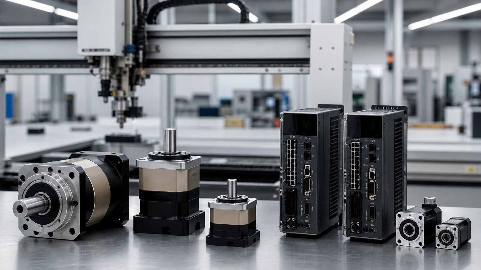 Réducteurs servo et variateurs génériques sur un établi industriel
