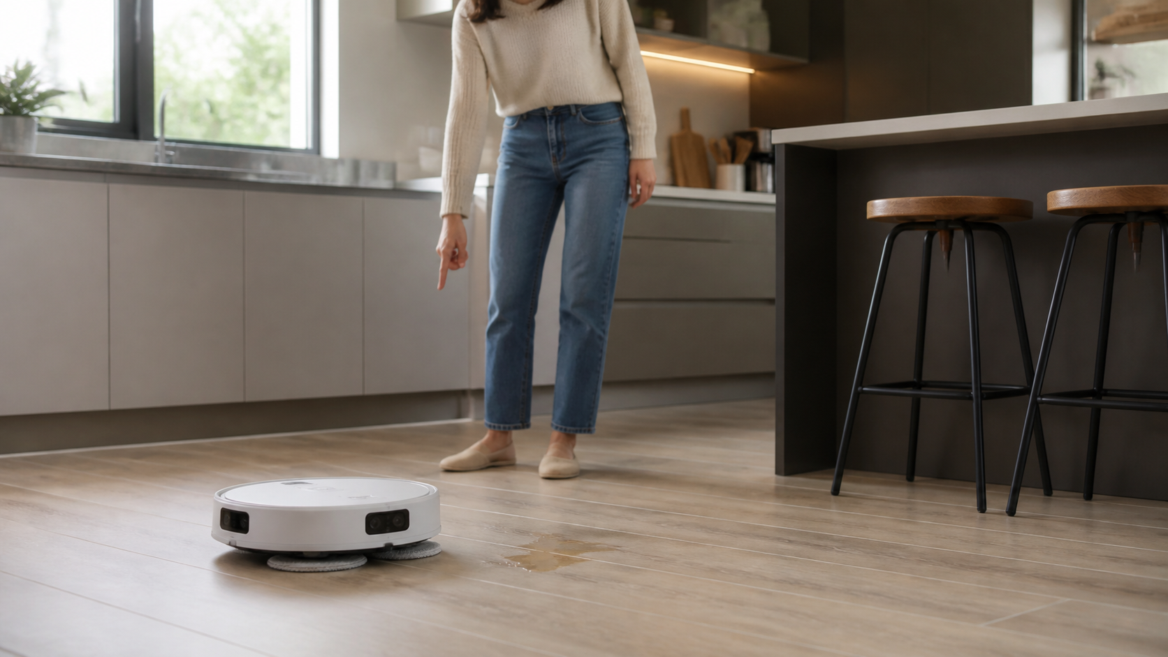 Robot aspirateur compact comprenant un geste vers une saleté dans une cuisine
