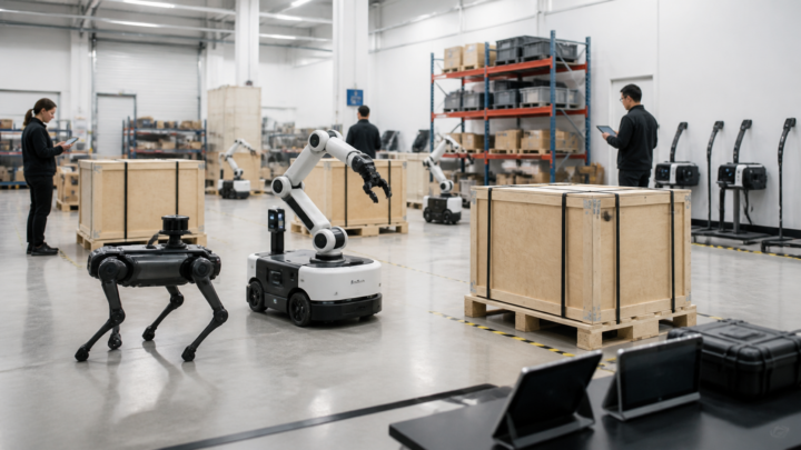 Flotte de robots incarnés préparée pour livraison dans un entrepôt