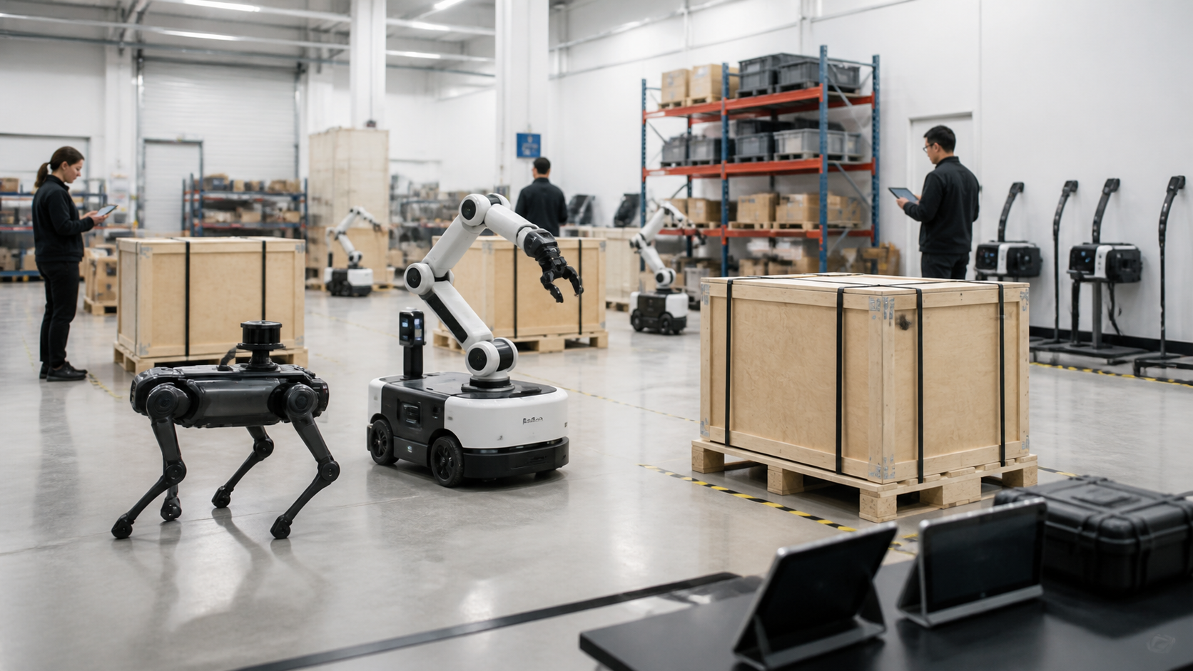 Flotte de robots incarnés préparée pour livraison dans un entrepôt