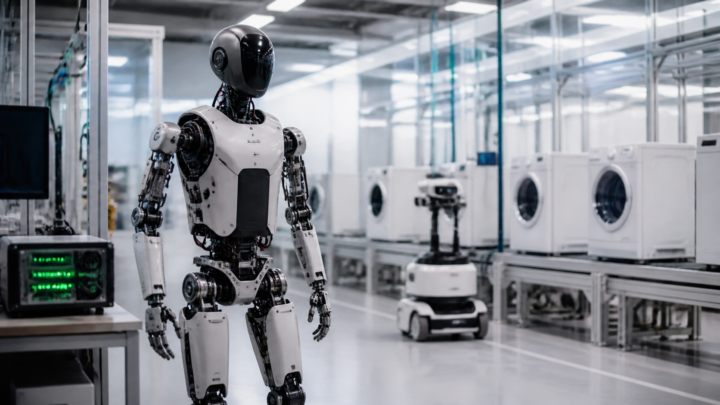 Humanoïde générique dans une usine de machines à laver