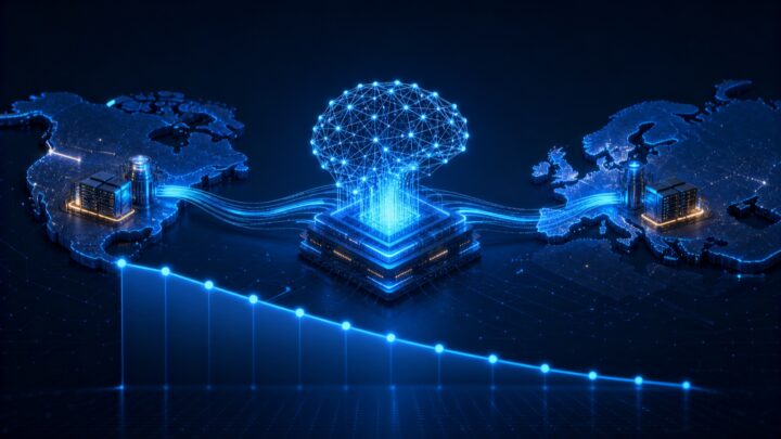 Illustration d’un modèle d’intelligence artificielle reliant deux régions de traitement avec une courbe de coûts en baisse