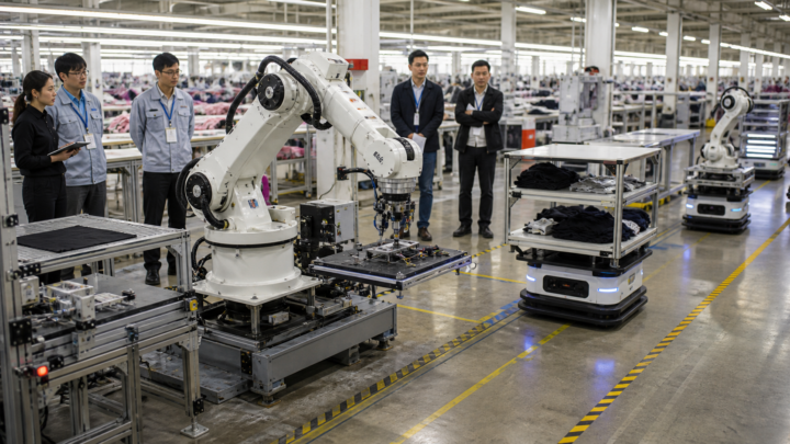 Bras robotisé et robots mobiles évalués dans une usine textile